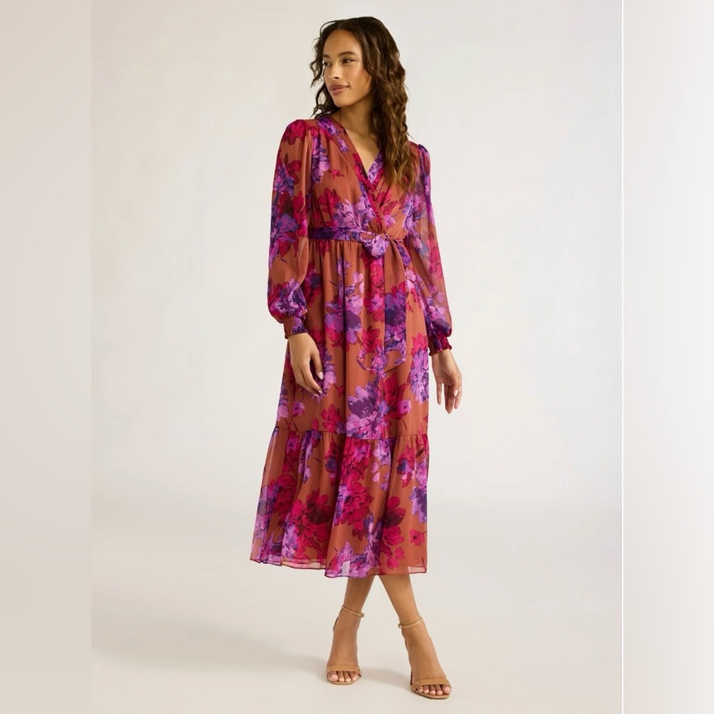Floral Wrap Midi Dress in Rust with Pink & Purple Print